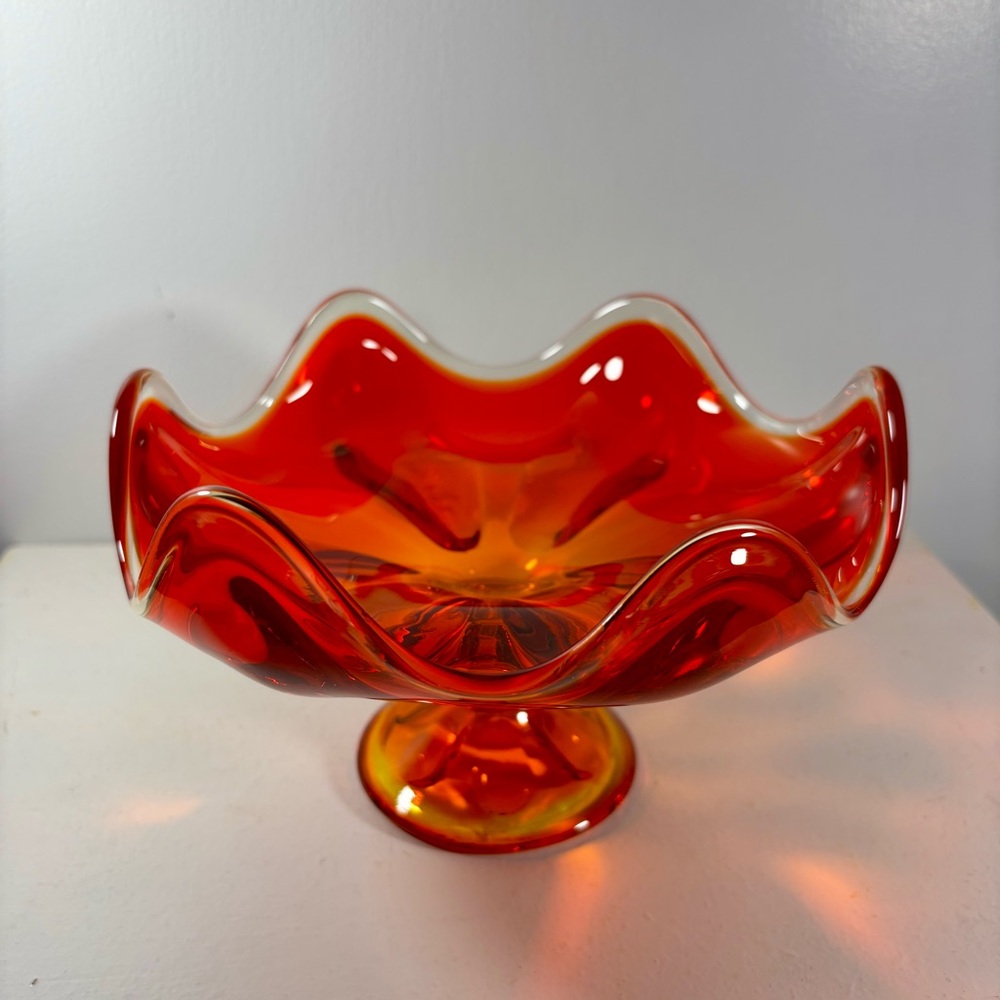 Viking Glass 6 Petal Amberina Cadmium (Glows Under UV!) Footed Compote/Dish